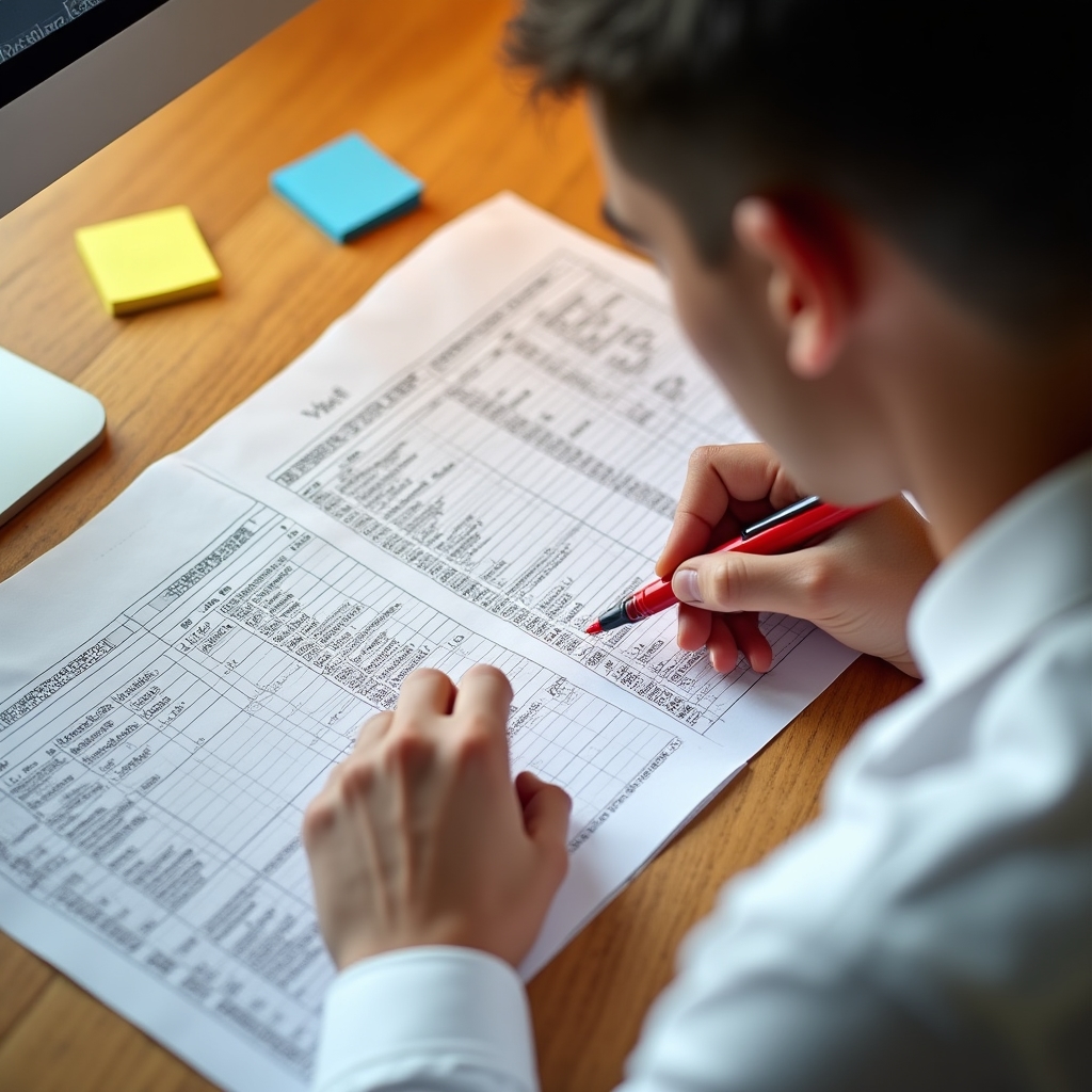 Person at desk annotating a printed GA4 data export with colored markers, organizing page performance data