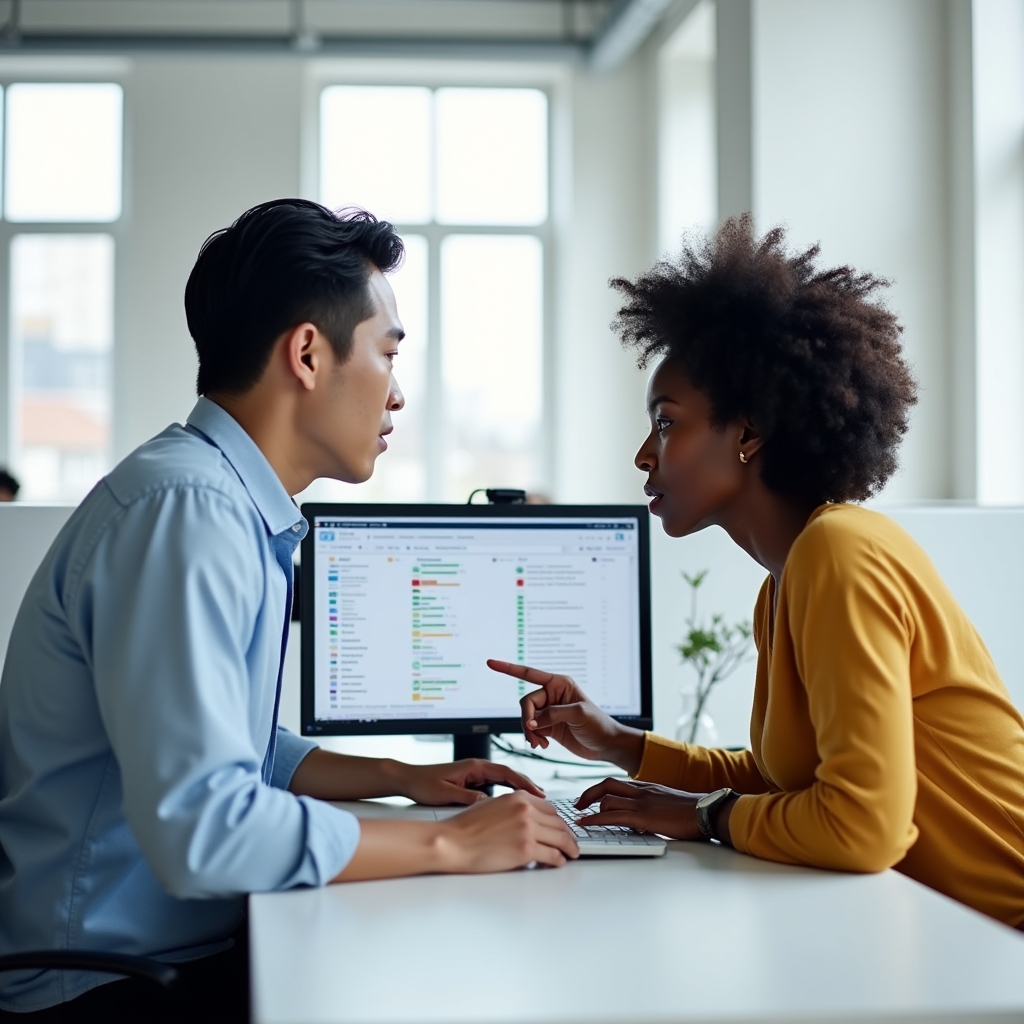 Two young professionals in their early 30s sitting side by side at a bright desk reviewing content data on dual monitors in a minimalist white office