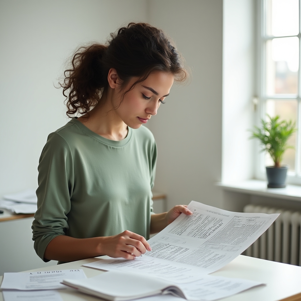 Young woman in her late 20s with curly hair and a focused expression reviewing printed content audit notes at a standing desk in a bright Scandinavian-style office